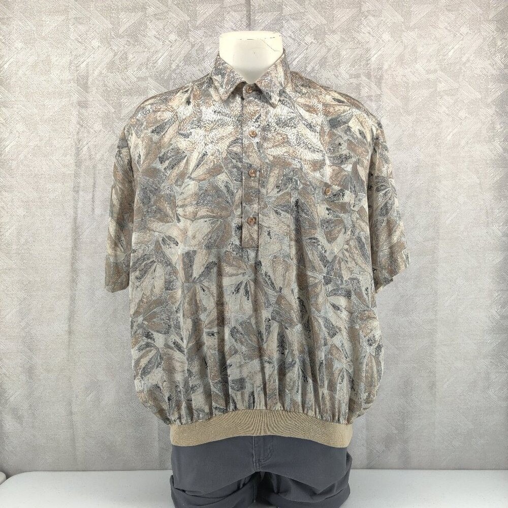 Alan Stuart Polo Shirt Mens 1X Tan Abstract Feather Print Blouson Vintage USA